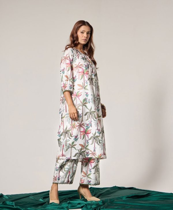 Ecru Printed Cotton Kurta with Pants- Set of 2 - Mist Flora