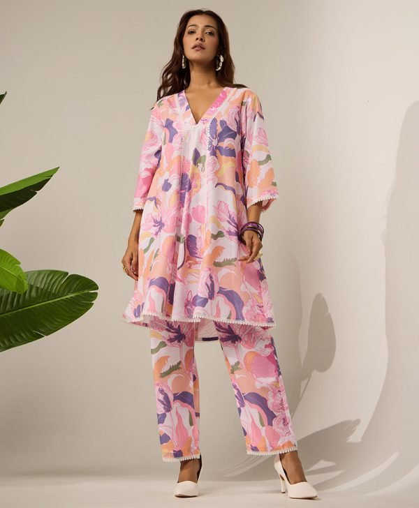 Pink Printed Cotton Kurta with Pants- Set of 2 - Mist Flora