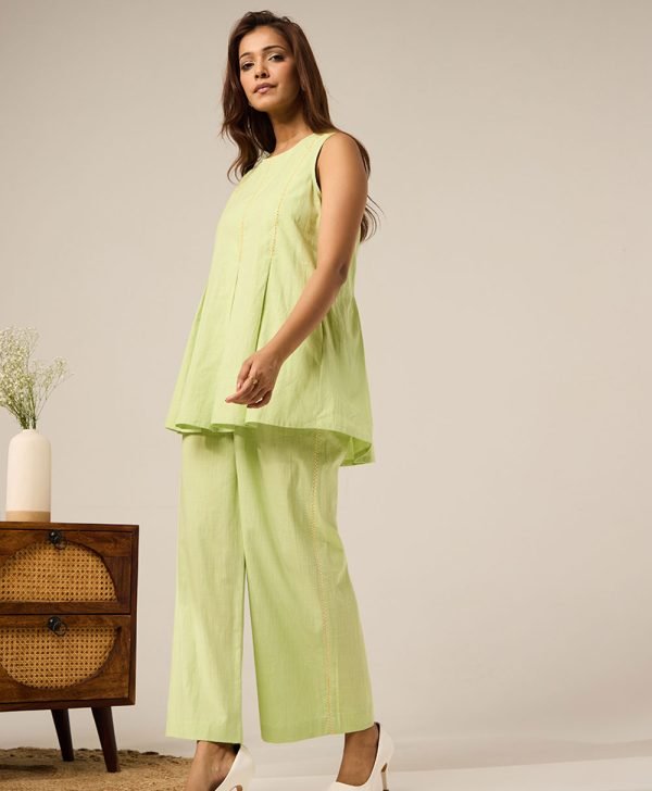 Mint Green Embroidered Cotton Co-ord Set- Set of 2 - Mist Flora
