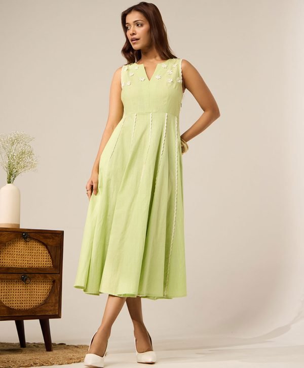 Mint Green Lace Work Cotton Dress - Mist Flora