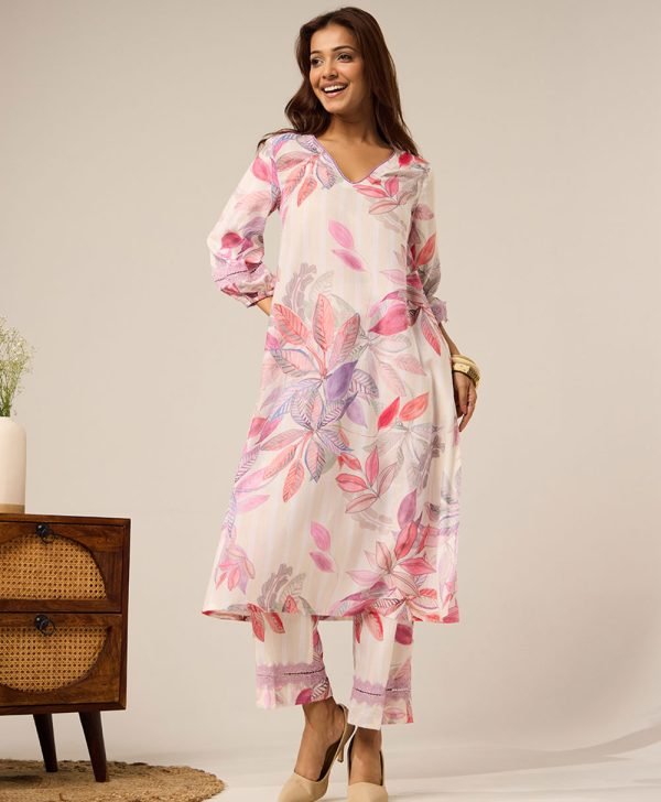 Multicolor Printed Cotton Kurta with Pants- Set of 2 - Mist Flora