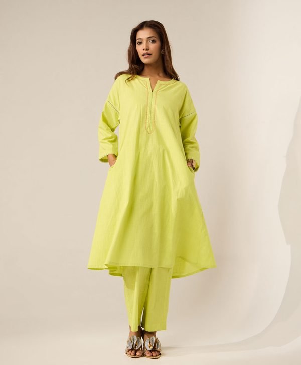 Lime Green Embroidered Cotton Kurta with Pants- Set of 2 - Mist Flora