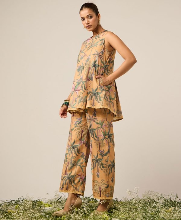 Mustard Yellow Printed Cotton Co-ord Set- Set of 2 - Mist Flora