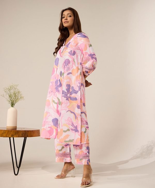 Pink Printed Cotton Kurta with Pants- Set of 2 - Mist Flora