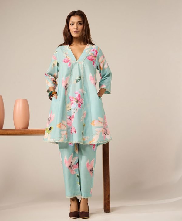 Mint Green Printed Cotton Kurta with Pants- Set of 2 - Mist Flora
