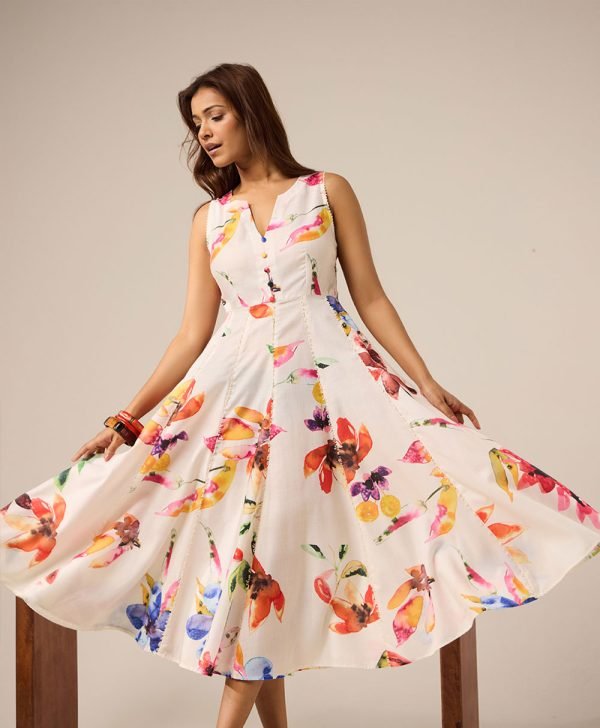 Off White Printed Cotton Dress - Mist Flora