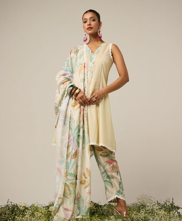 lime stripe suit set with dupatta - set of 3 - Mist Flora