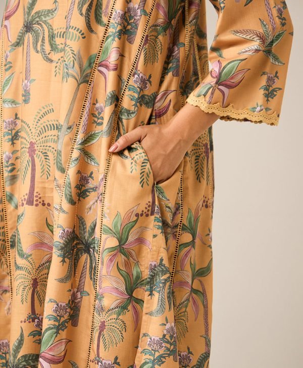 Mustard Yellow Printed Cotton Kurta with Pants- Set of 2 - Mist Flora