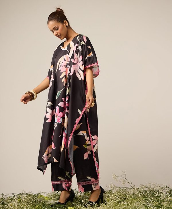 Black Printed Cotton Kaftan with Pants- Set of 2 - Mist Flora