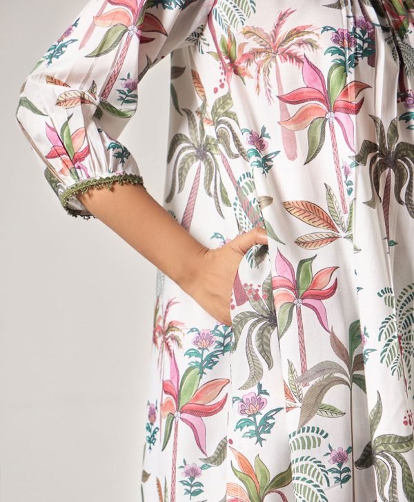 Ecru Printed Cotton Kurta with Pants- Set of 2 - Mist Flora