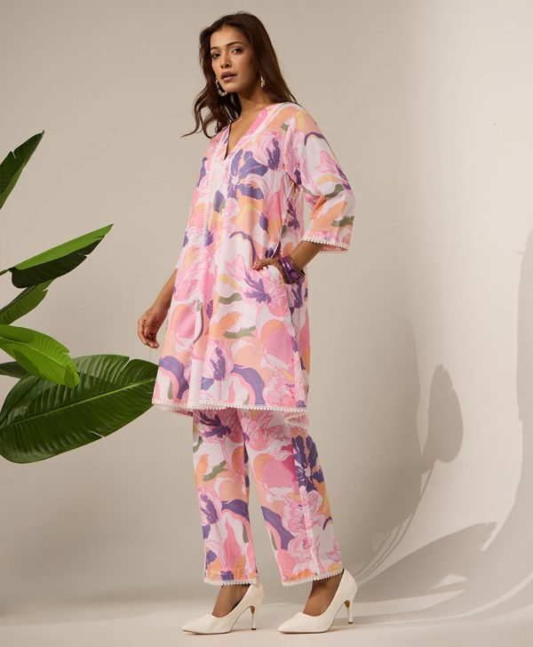 Pink Printed Cotton Kurta with Pants- Set of 2 - Mist Flora