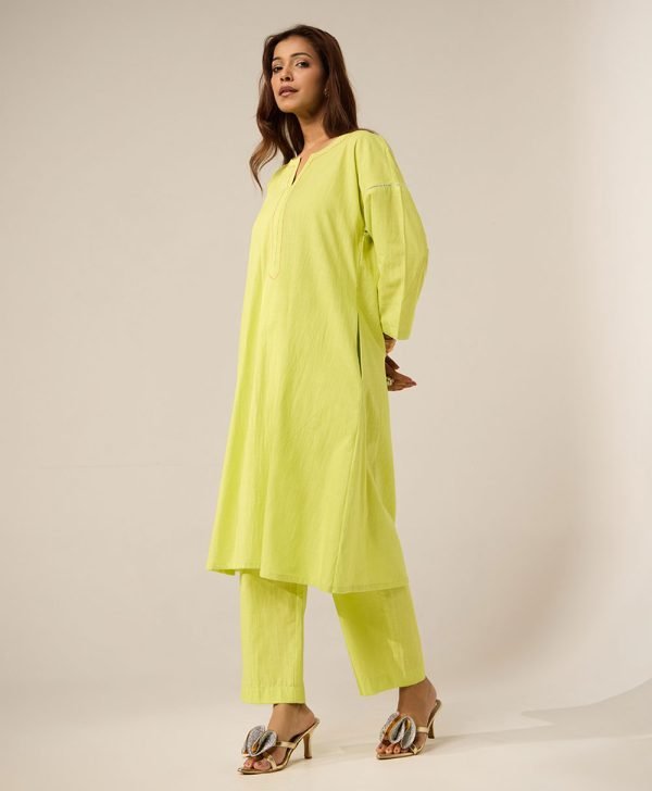 Lime Green Embroidered Cotton Kurta with Pants- Set of 2 - Mist Flora