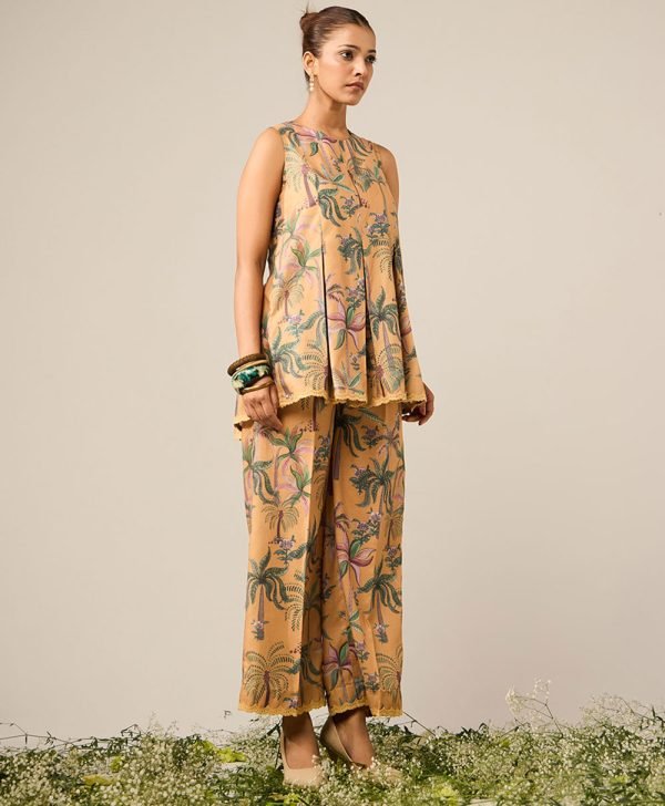 Mustard Yellow Printed Cotton Co-ord Set- Set of 2 - Mist Flora