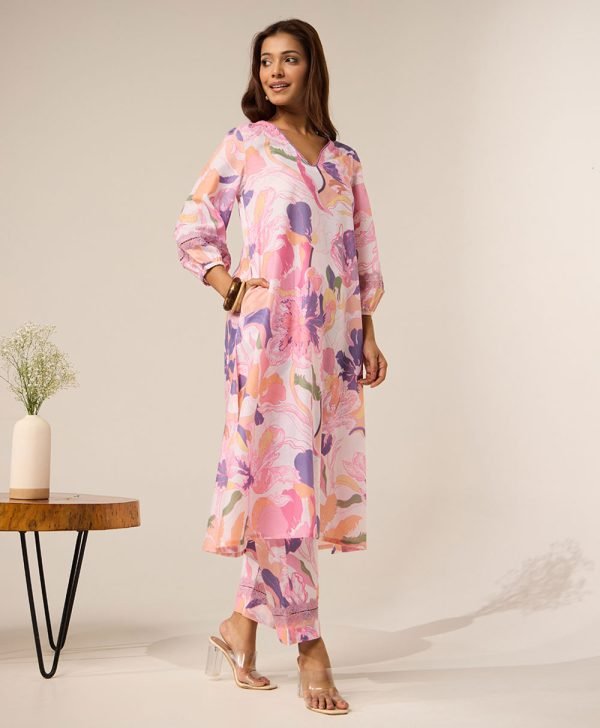 Pink Printed Cotton Kurta with Pants- Set of 2 - Mist Flora