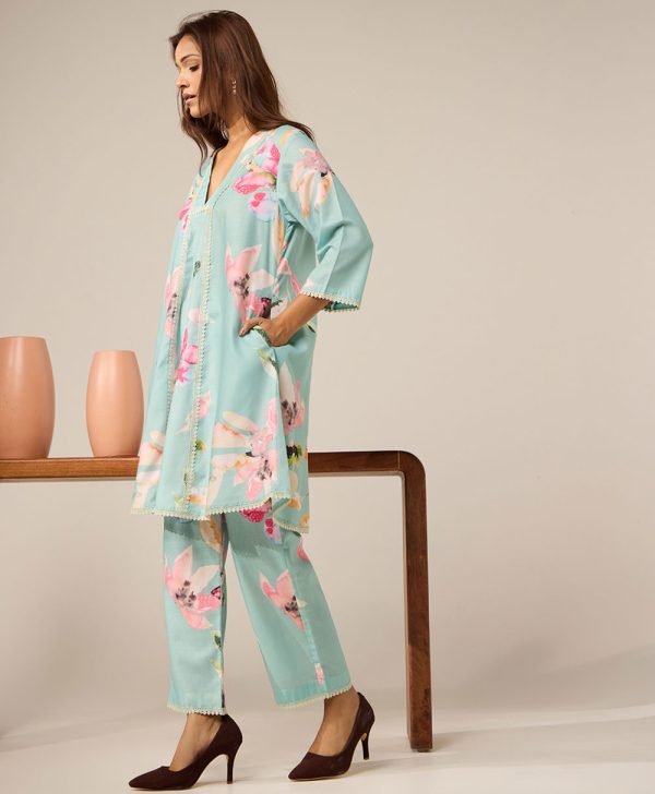 Mint Green Printed Cotton Kurta with Pants- Set of 2 - Mist Flora