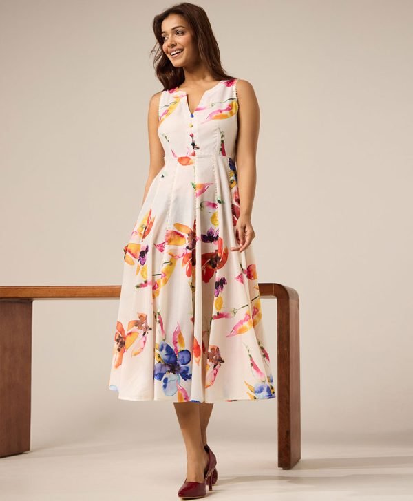 Off White Printed Cotton Dress - Mist Flora