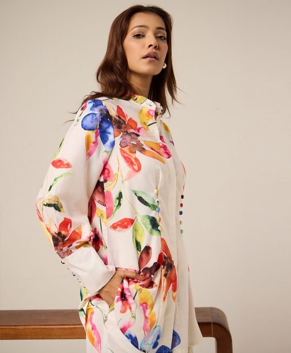 Off White Printed Cotton Co-ord Set- Set of 2 - Mist Flora