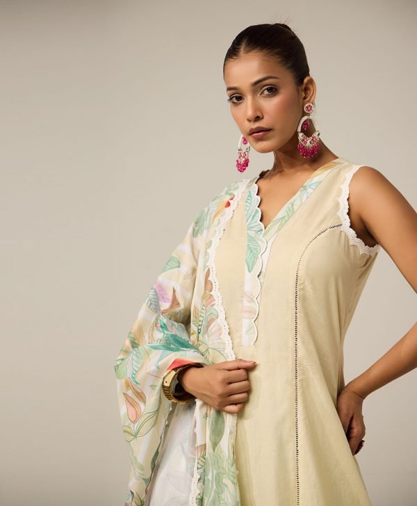 lime stripe suit set with dupatta - set of 3 - Mist Flora