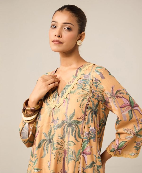 Mustard Yellow Printed Cotton Kurta with Pants- Set of 2 - Mist Flora