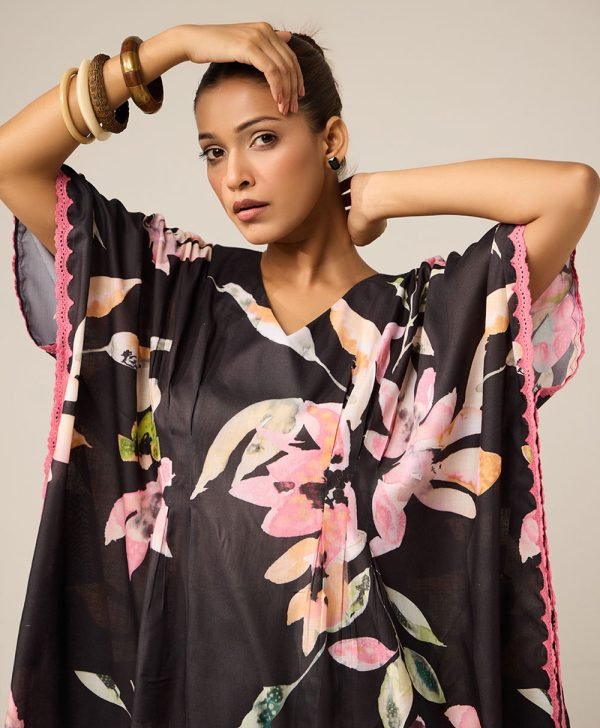 Black Printed Cotton Kaftan with Pants- Set of 2 - Mist Flora