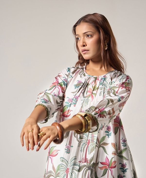 Ecru Printed Cotton Kurta with Pants- Set of 2 - Mist Flora