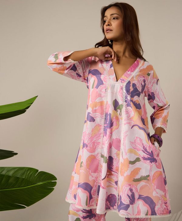 Pink Printed Cotton Kurta with Pants- Set of 2 - Mist Flora