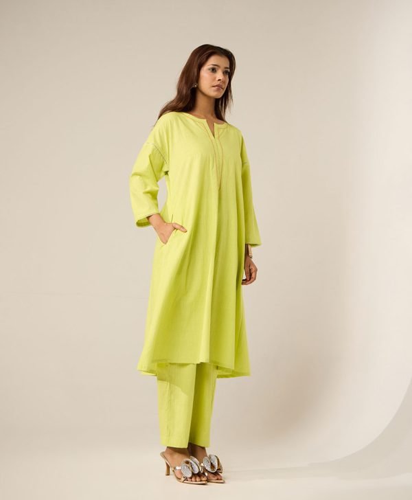 Lime Green Embroidered Cotton Kurta with Pants- Set of 2 - Mist Flora