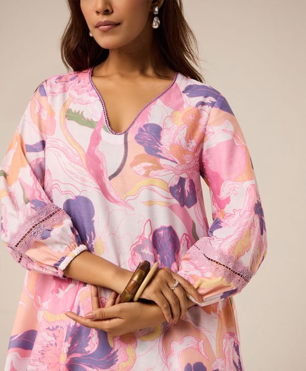 Pink Printed Cotton Kurta with Pants- Set of 2 - Mist Flora