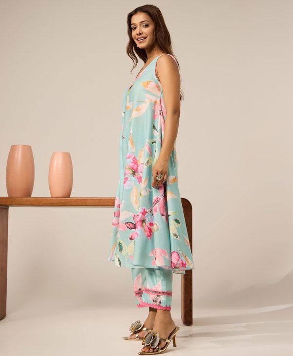 Mint Green Printed Cotton Kurta with Pants- Set of 2 - Mist Flora