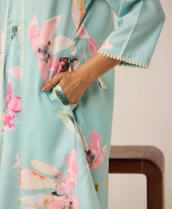 Mint Green Printed Cotton Kurta with Pants- Set of 2 - Mist Flora