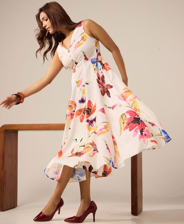 Off White Printed Cotton Dress - Mist Flora