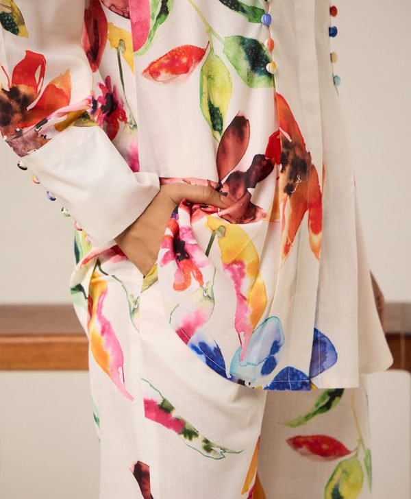 Off White Printed Cotton Co-ord Set- Set of 2 - Mist Flora