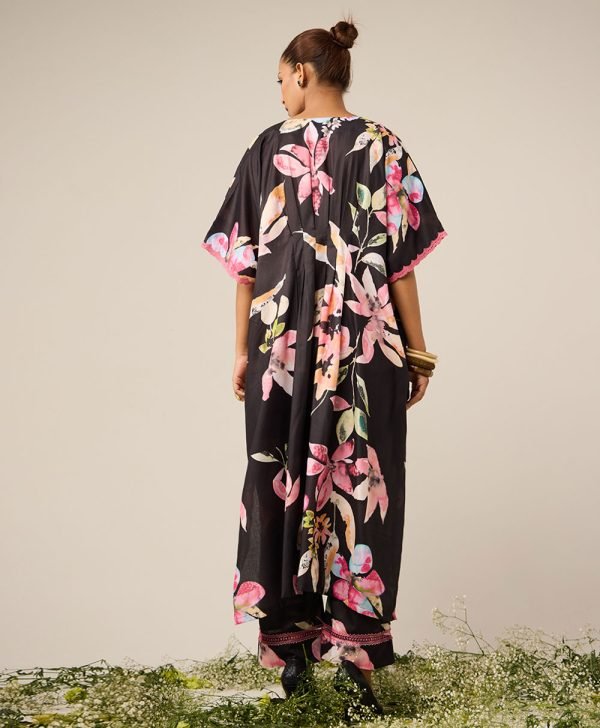Black Printed Cotton Kaftan with Pants- Set of 2 - Mist Flora