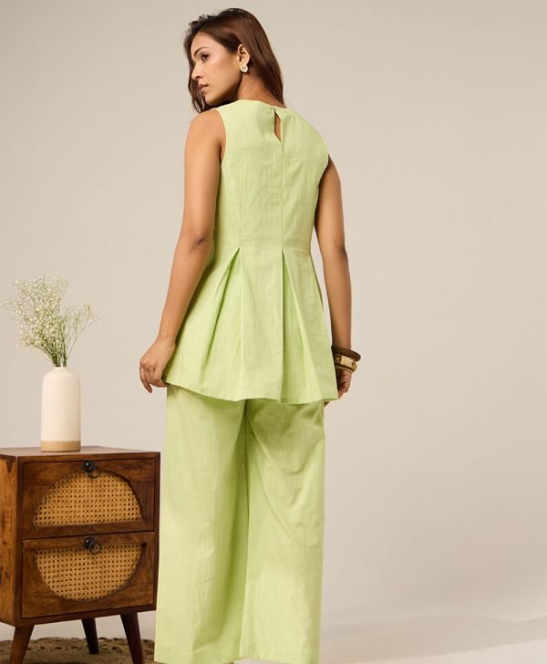 Mint Green Embroidered Cotton Co-ord Set- Set of 2 - Mist Flora