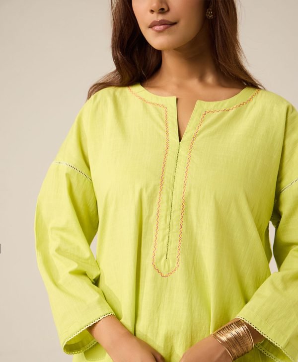 Lime Green Embroidered Cotton Kurta with Pants- Set of 2 - Mist Flora