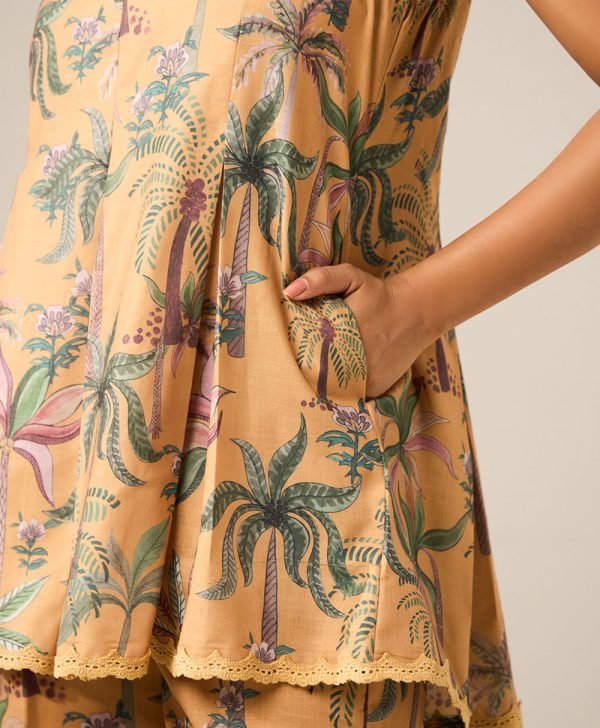 Mustard Yellow Printed Cotton Co-ord Set- Set of 2 - Mist Flora