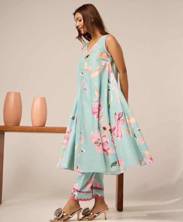 Mint Green Printed Cotton Kurta with Pants- Set of 2 - Mist Flora
