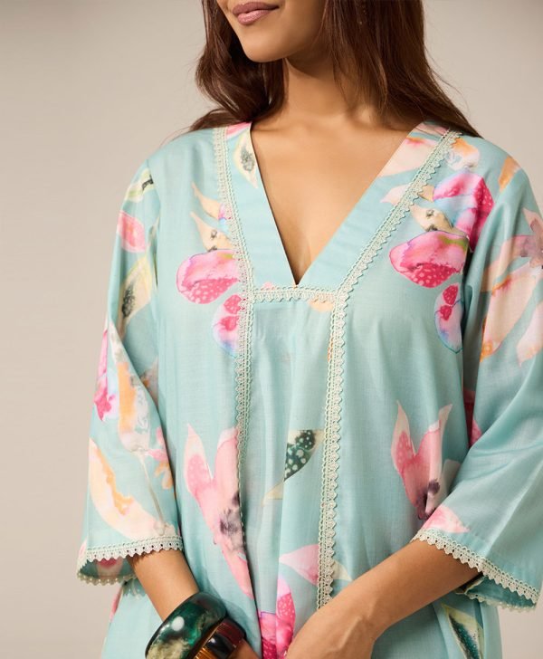 Mint Green Printed Cotton Kurta with Pants- Set of 2 - Mist Flora