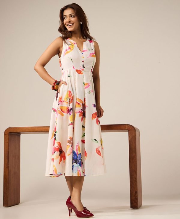 Off White Printed Cotton Dress - Mist Flora