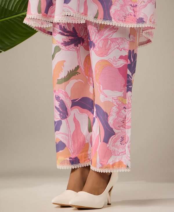 Pink Printed Cotton Kurta with Pants- Set of 2 - Mist Flora