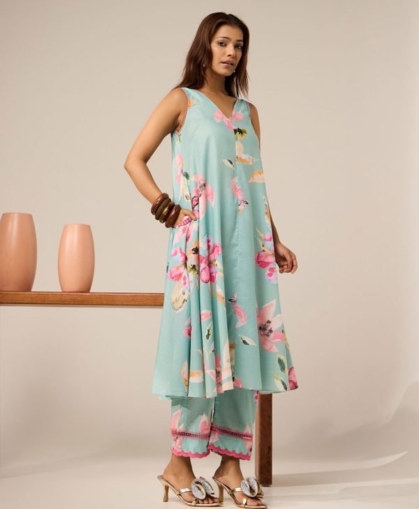 Mint Green Printed Cotton Kurta with Pants- Set of 2 - Mist Flora