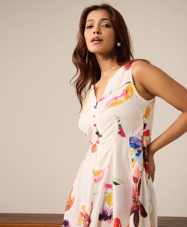 Off White Printed Cotton Dress - Mist Flora