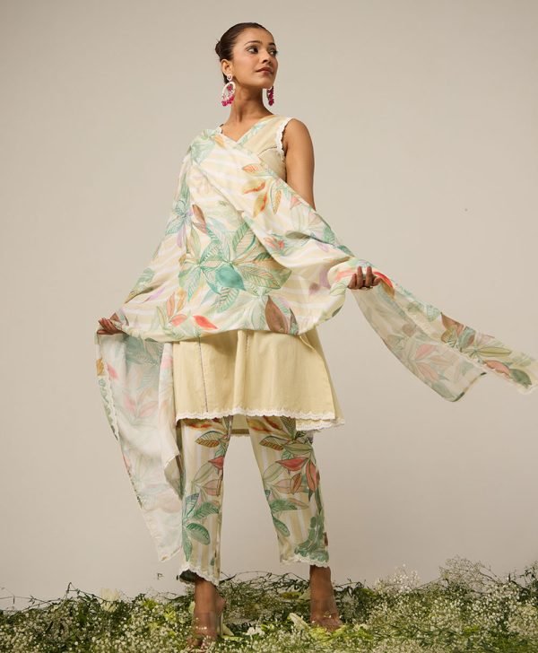 lime stripe suit set with dupatta - set of 3 - Mist Flora