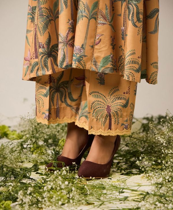 Mustard Yellow Printed Cotton Kurta with Pants- Set of 2 - Mist Flora