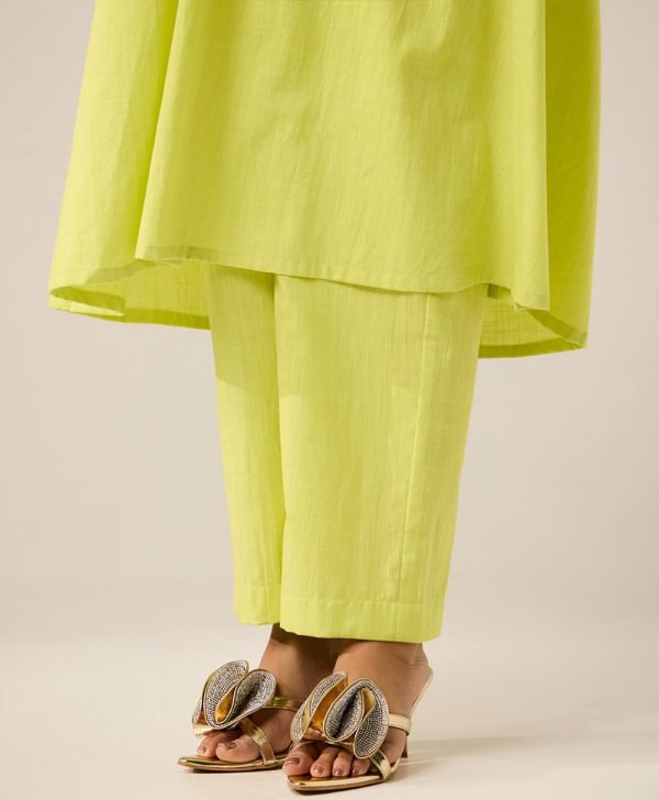 Lime Green Embroidered Cotton Kurta with Pants- Set of 2 - Mist Flora