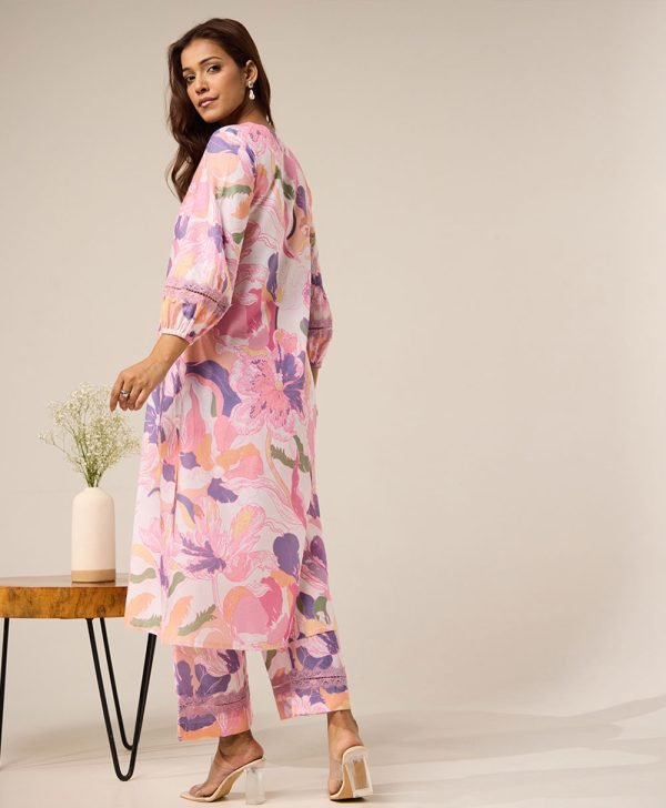 Pink Printed Cotton Kurta with Pants- Set of 2 - Mist Flora