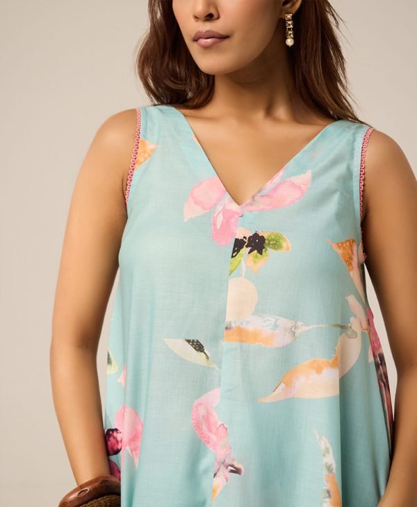 Mint Green Printed Cotton Kurta with Pants- Set of 2 - Mist Flora
