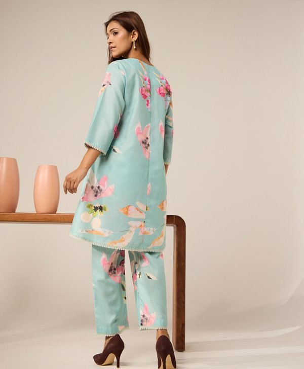 Mint Green Printed Cotton Kurta with Pants- Set of 2 - Mist Flora