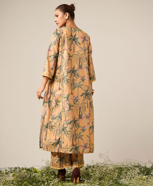 Mustard Yellow Printed Cotton Kurta with Pants- Set of 2 - Mist Flora