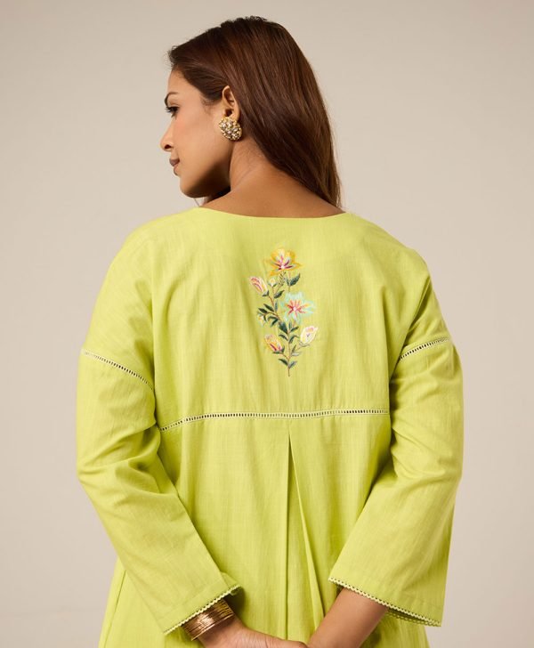 Lime Green Embroidered Cotton Kurta with Pants- Set of 2 - Mist Flora